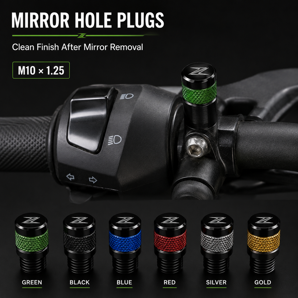 Mirror Hole Plugs for Kawasaki Z-Series – Anodized Mirror Delete Caps (2-pack)