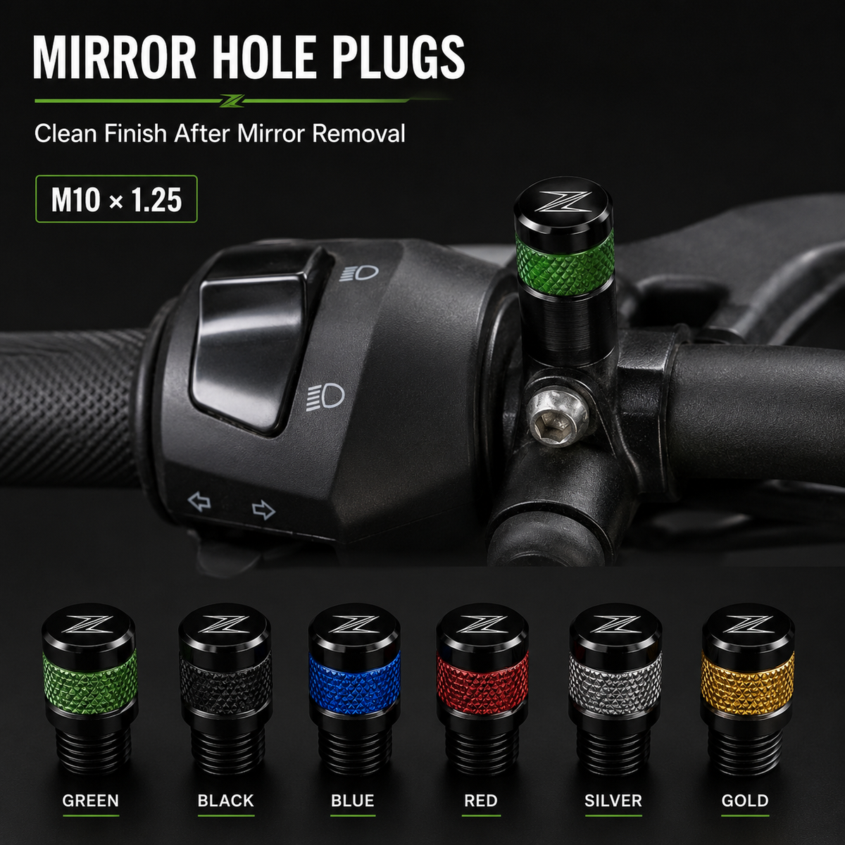 Mirror Hole Plugs for Kawasaki Z-Series – Anodized Mirror Delete Caps (2-pack)