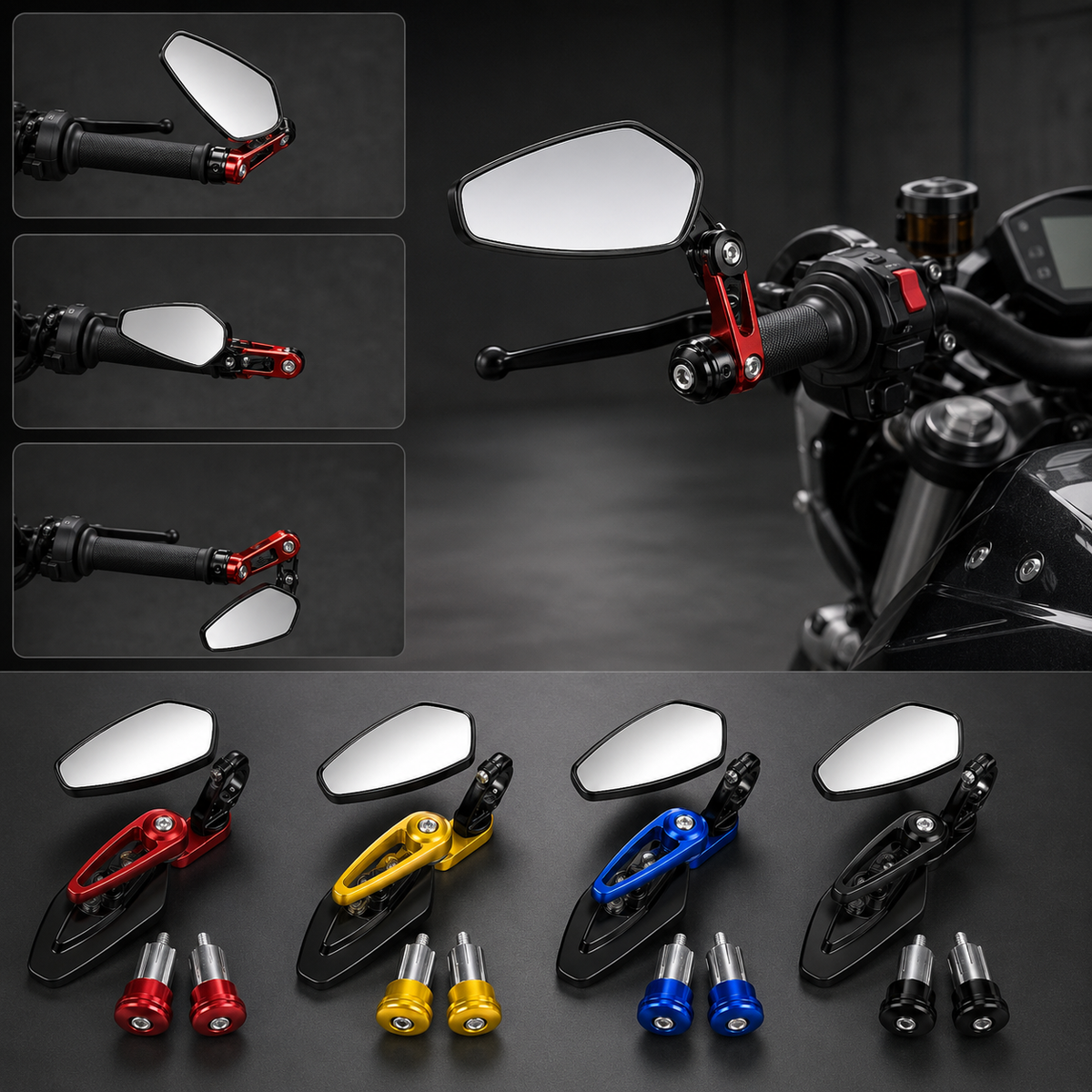 Sporty Adjustable Motorcycle Bar-End Mirrors – Universal Pair - Multiple colors
