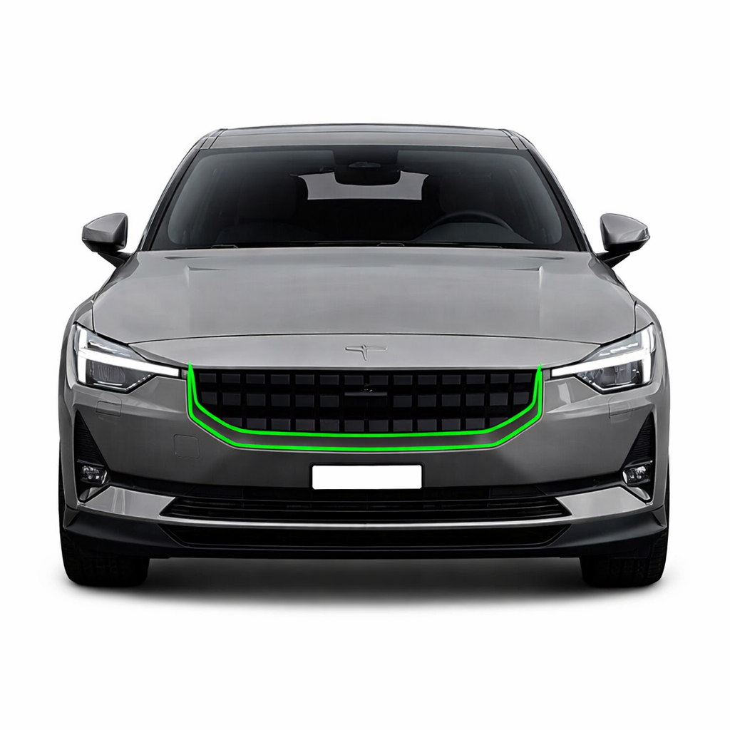 Polestar 2 glossyblack chromedelete kit – PreCut front grille & rear reflector surrounds (3-piece set)