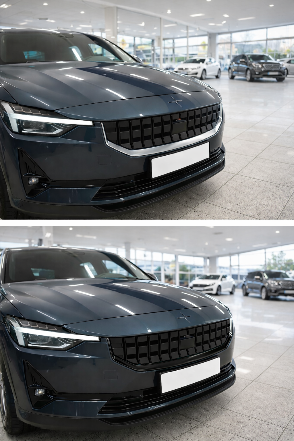 Polestar 2 glossyblack chromedelete kit – PreCut front grille & rear reflector surrounds (3-piece set)