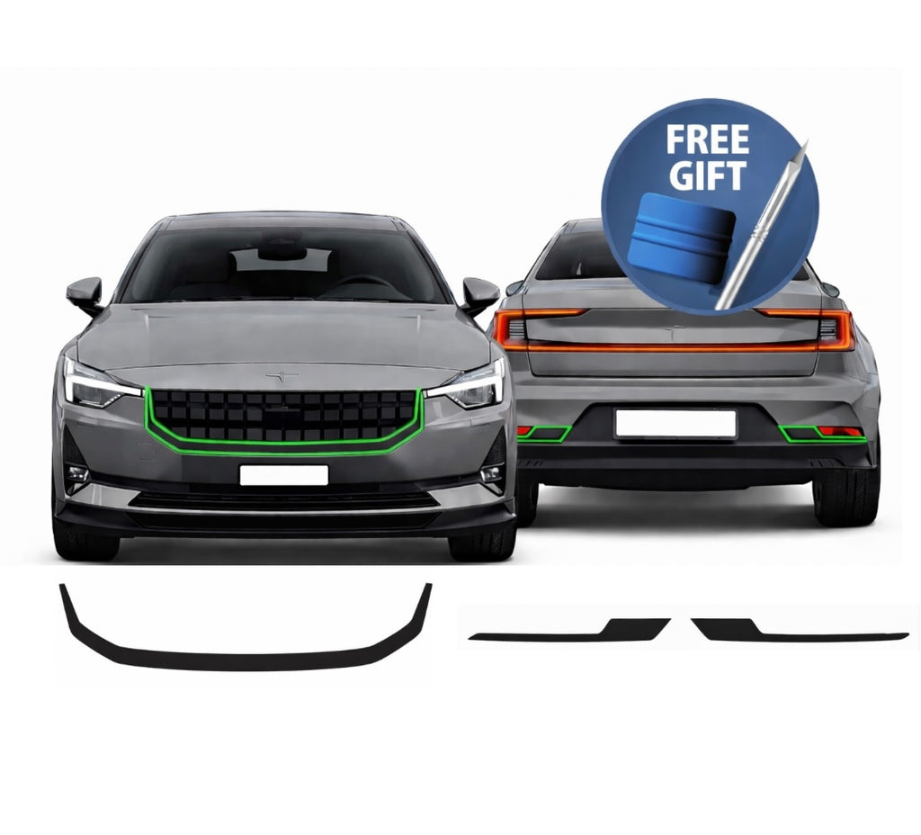 Polestar 2 glossyblack chromedelete kit – PreCut front grille & rear reflector surrounds (3-piece set)