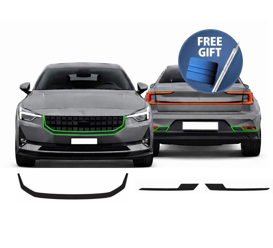 Polestar 2 glossyblack chromedelete kit – PreCut front grille & rear reflector surrounds (3-piece set)