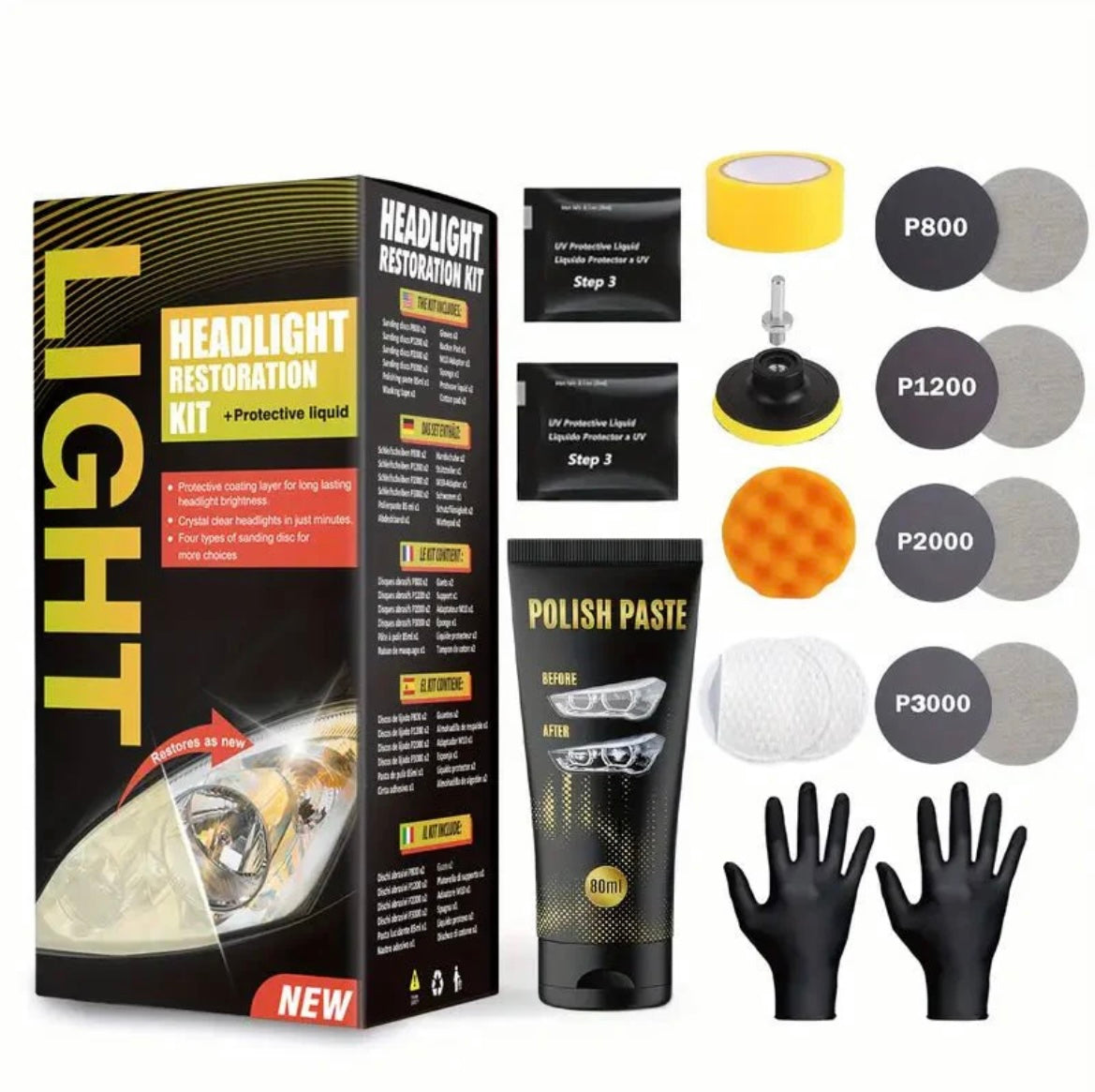 Headlight Restoration Kit – Restore Cloudy & Yellowed Car Headlights | Complete Polishing