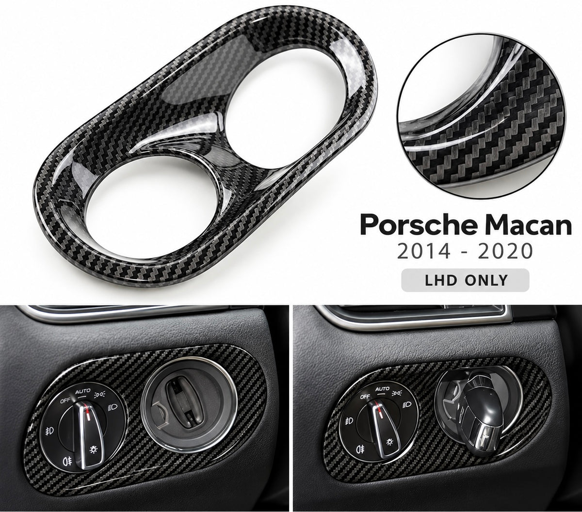 Carbonfiber-style Headlight & Ignition Switch Trim Cover for Porsche Macan 2014–2020 (LHD)