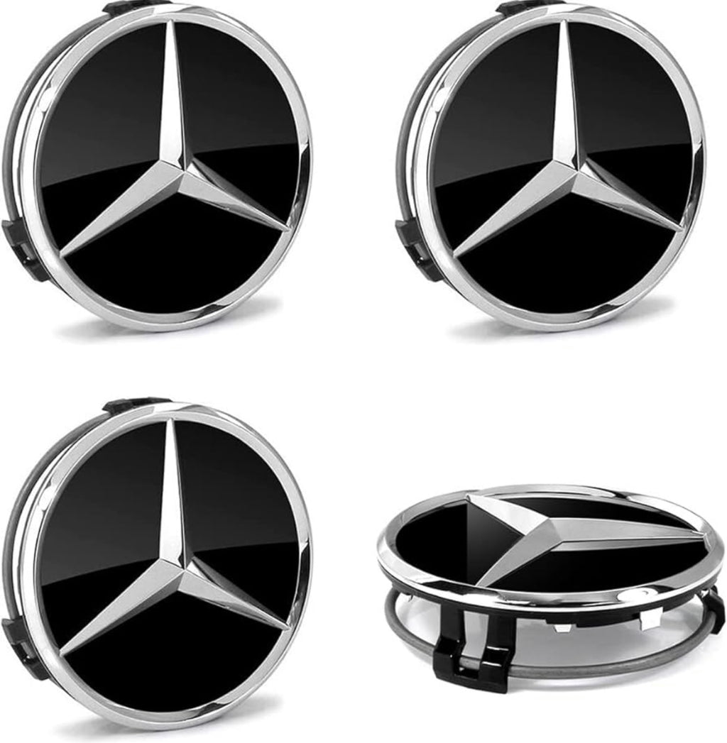 Mercedes-Benz 75mm Black & Silver Wheel Center Caps – 4 Pack