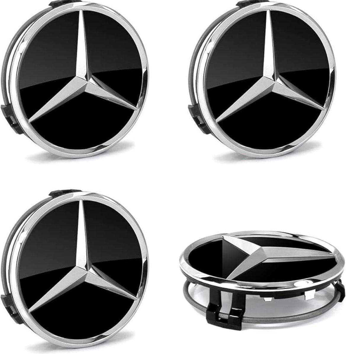 Mercedes-Benz 75mm Black & Silver Wheel Center Caps – 4 Pack