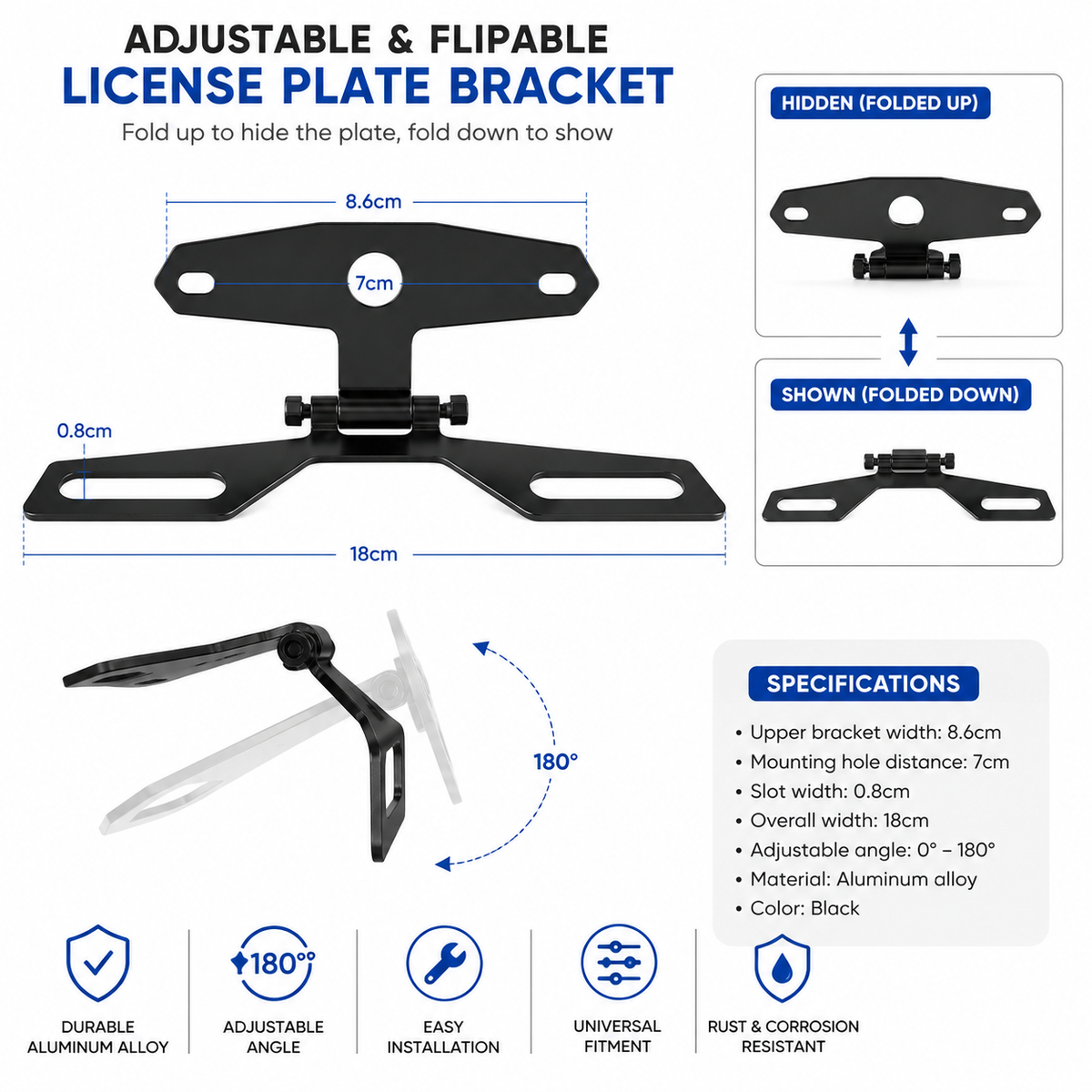 Universal Adjustable Folding Motorcycle License Plate Bracket – Black