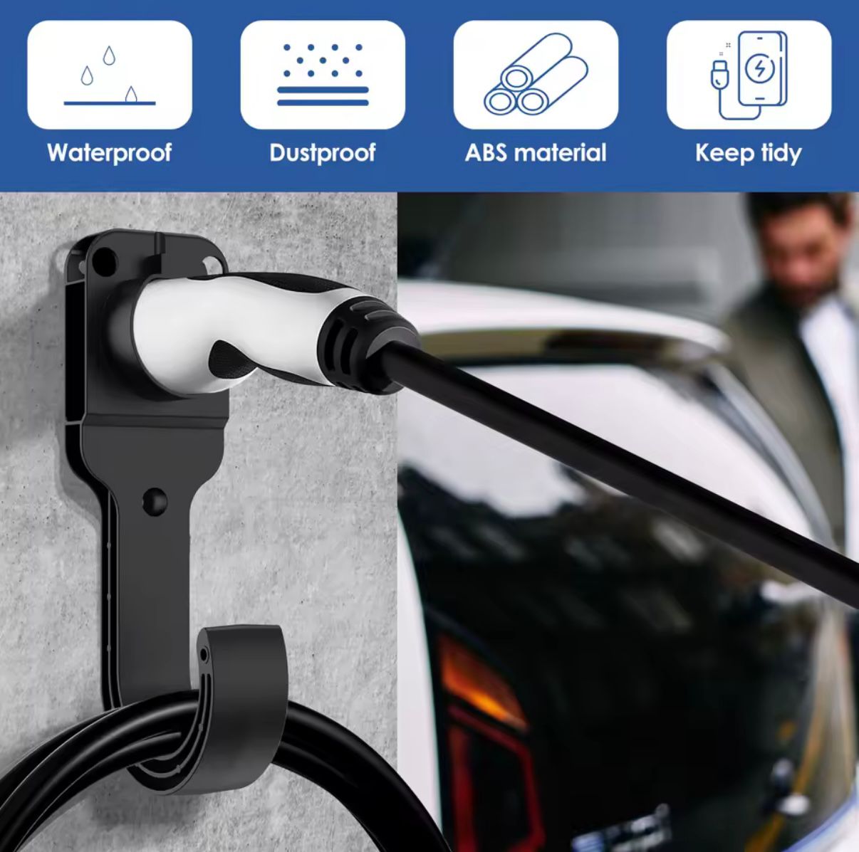 EV Charging Cable Holder Type 2 – Wall Mounted Cable Hook for Electric Vehicles
