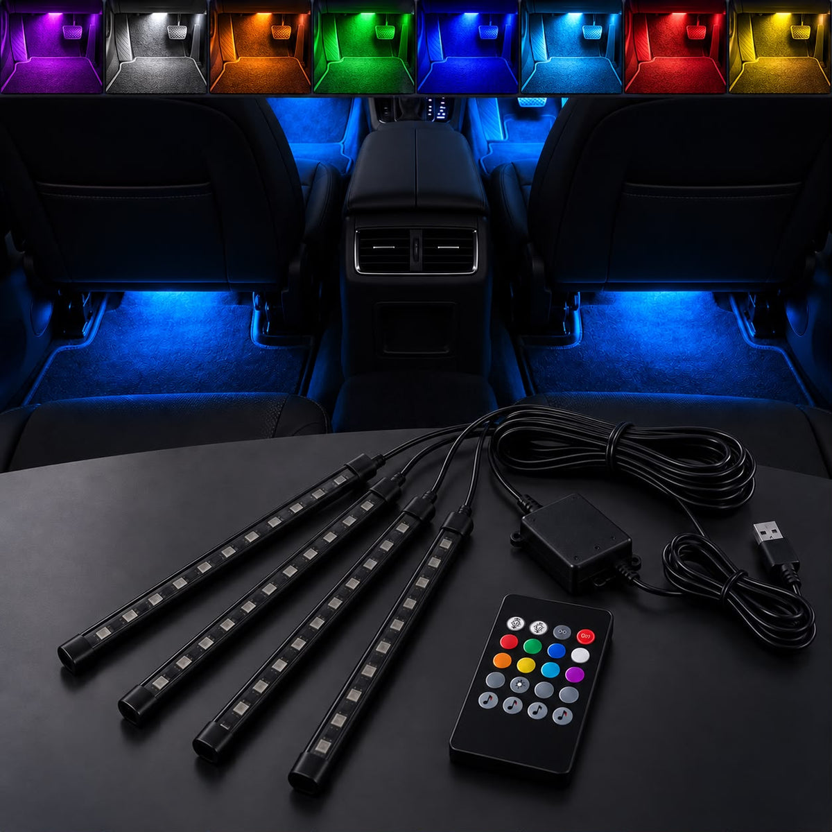 8-Color USB LED Ambient Light Kit for Car Interior (Universal)