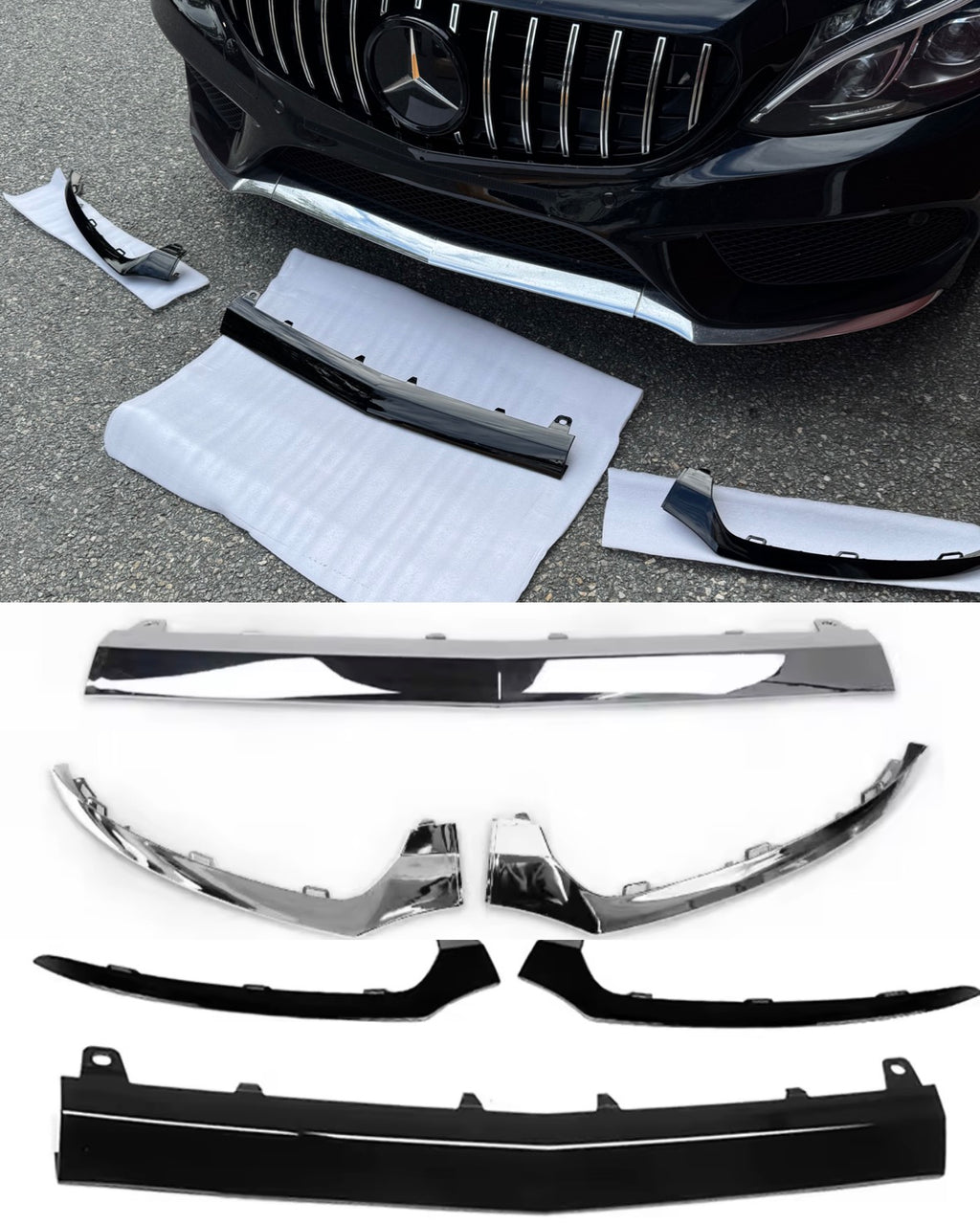 Mercedes C-Class W205 (2015–2018) 3-Piece Front Lip – Black/Chrome
