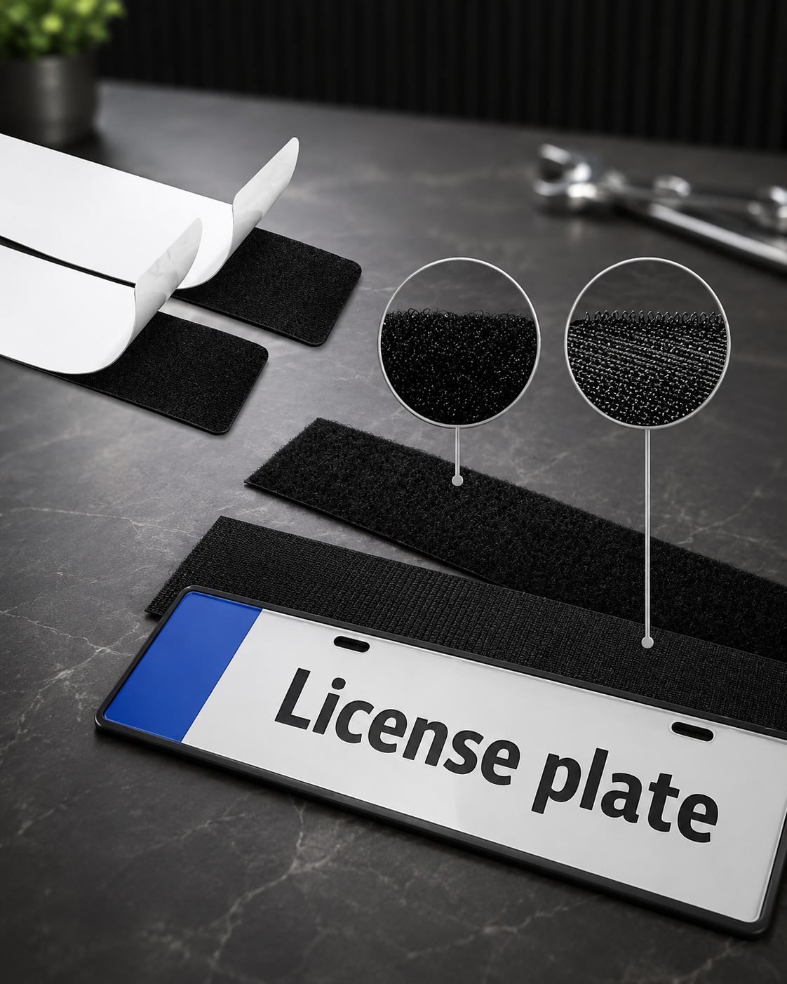 Self-Adhesive framless license plate holder mounting tape – Universal fit 2-pack (1 Car 2 plates)