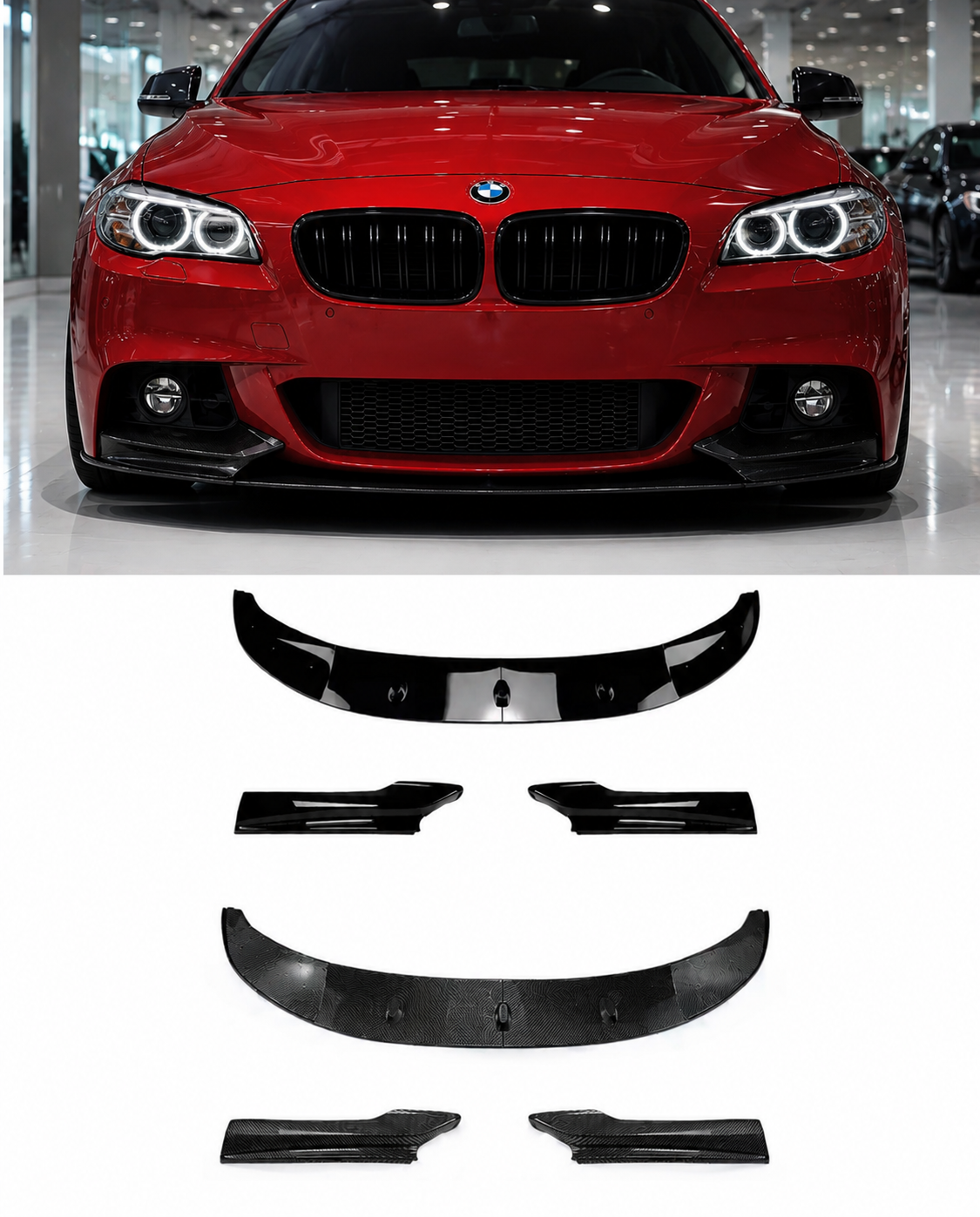 BMW 5 Series F10/F11 2011–2017 Front Lip Splitter – Gloss Black / Carbon Fiber Look