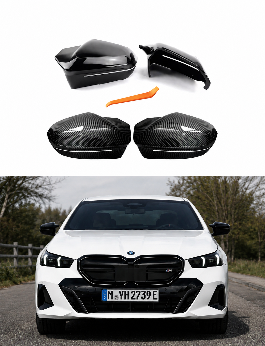 BMW 5 Series / i5 / i7 / M5 (G60/G61/G70/G90) M Style Mirror Caps – Gloss Black / ”Carbon Fiber Look”