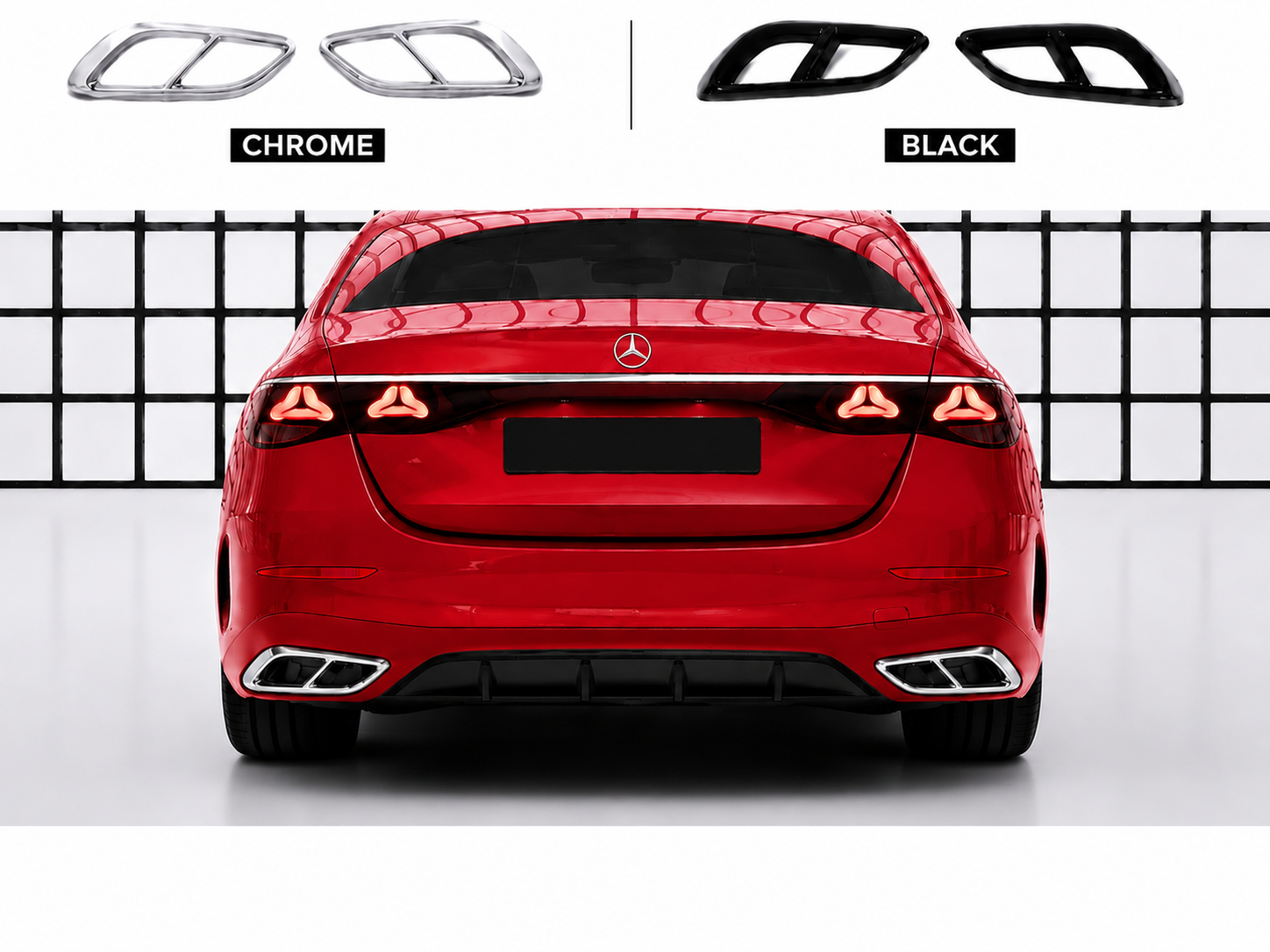 Mercedes E-Class W214 (2023–2025) Exhaust Trim Covers – Black & Chrome
