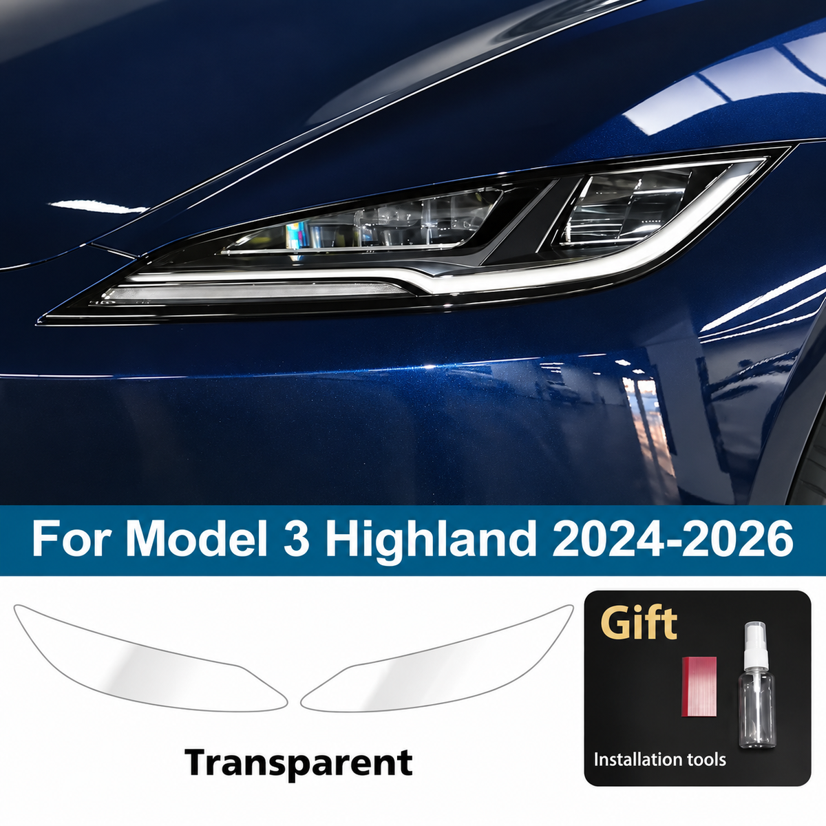 Pre-Cut Clear Headlight Protection Film for Tesla Model 3 Highland (2024–2026)