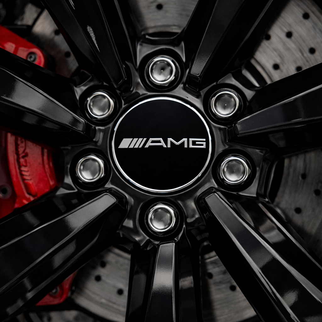 Mercedes AMG Wheel Center Caps 75mm – Black / Silver Logo (4 Pack)