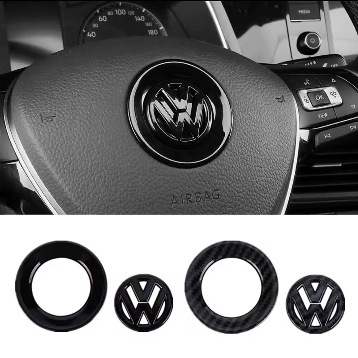 Volkswagen Steering Wheel Emblem Overlay Cover – Gloss Black / Carbon Fiber Style
